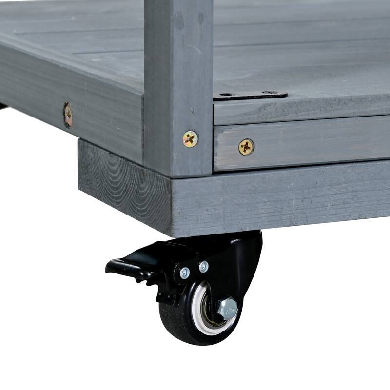 Solid Wood 62.3'' Patio Kitchen Island Kitchen Cart with Stainless Table Top, Garden Potting Bench with Raised Shelf and Drawers