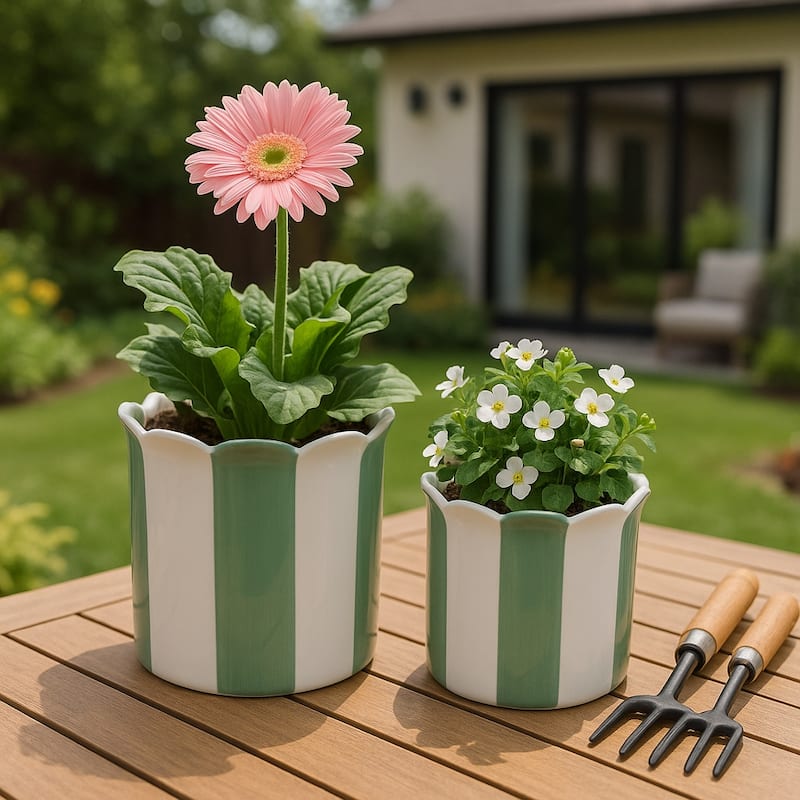 Ceramic Striped Flower Pots with Scalloped Edge - Set 2, 8", 6" - 8.0"
