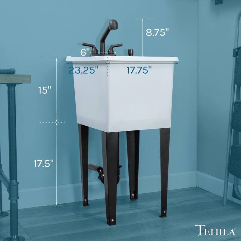 TEHILA White 16-Gallon Space Saver Utility Sink Laundry Tub with Pull-Out Faucet