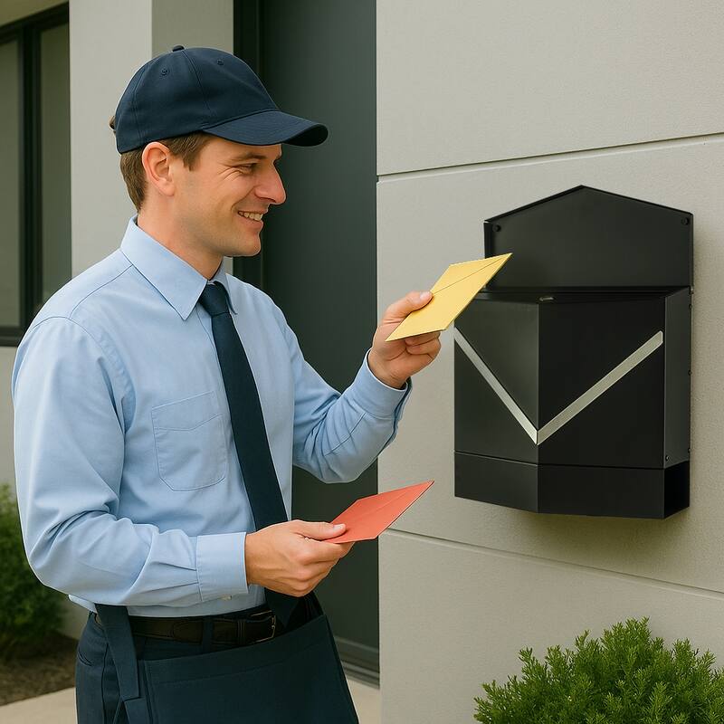 Modern Outdoor Black Metal Secure Locking Wall-Mount Mailbox With Stainless Steel V-Shape Futuristic Design For Home or Office