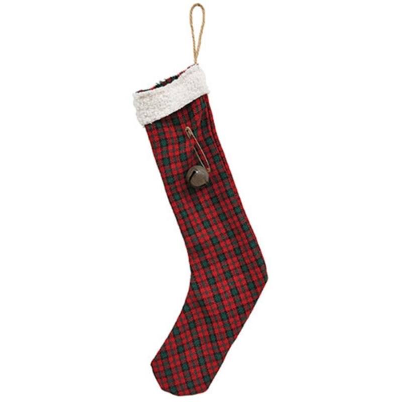 Red Green White Plaid Stocking with Jingle Bell and Jute Hanging Loop - 7.50 x 14 in. - Red-Green-White