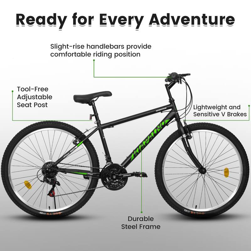 Unisex Mountain Bike - Carbon Steel Frame, Multiple Speeds, Dual V-Brake - 21