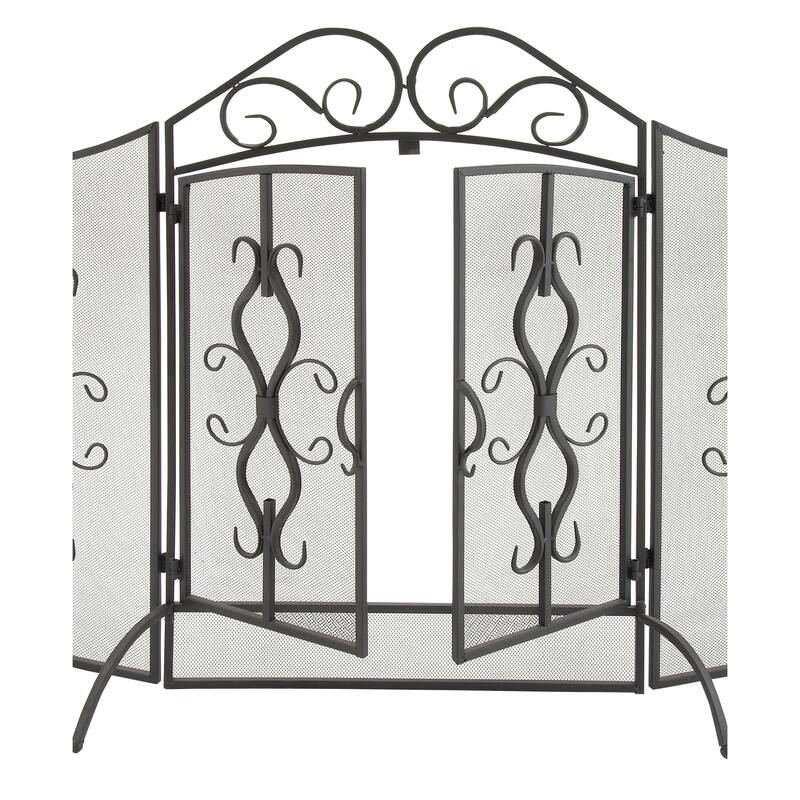 Gray Metal Foldable Mesh Netting 3 Panel Scroll Fireplace Screen