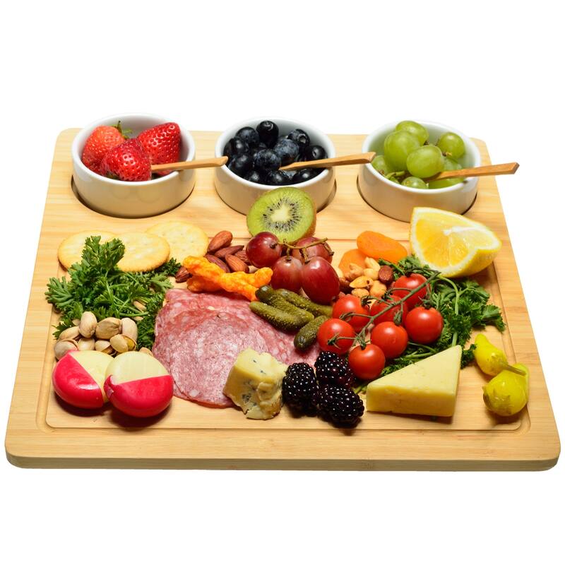 Picnic at Ascot Bamboo Serving Platter with 3 Ceramic Bowls