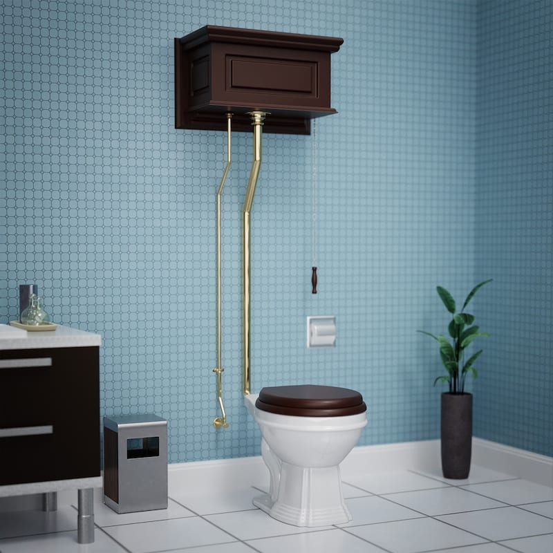 High Tank Toilet - Dark Oak Wooden Raised Tank, Elongated White Bowl and Brass L Pipes Renovators Supply