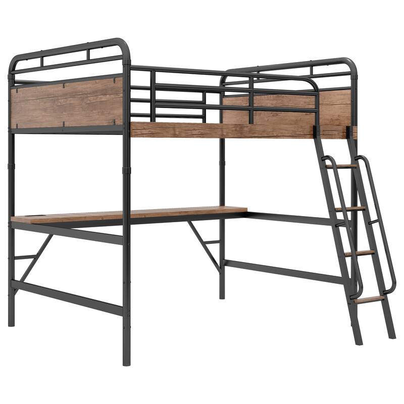 Full Size Metal Loft Bed with Built-In Desk, LED Lighting and Charging Station, Safety Staircase with Handrails