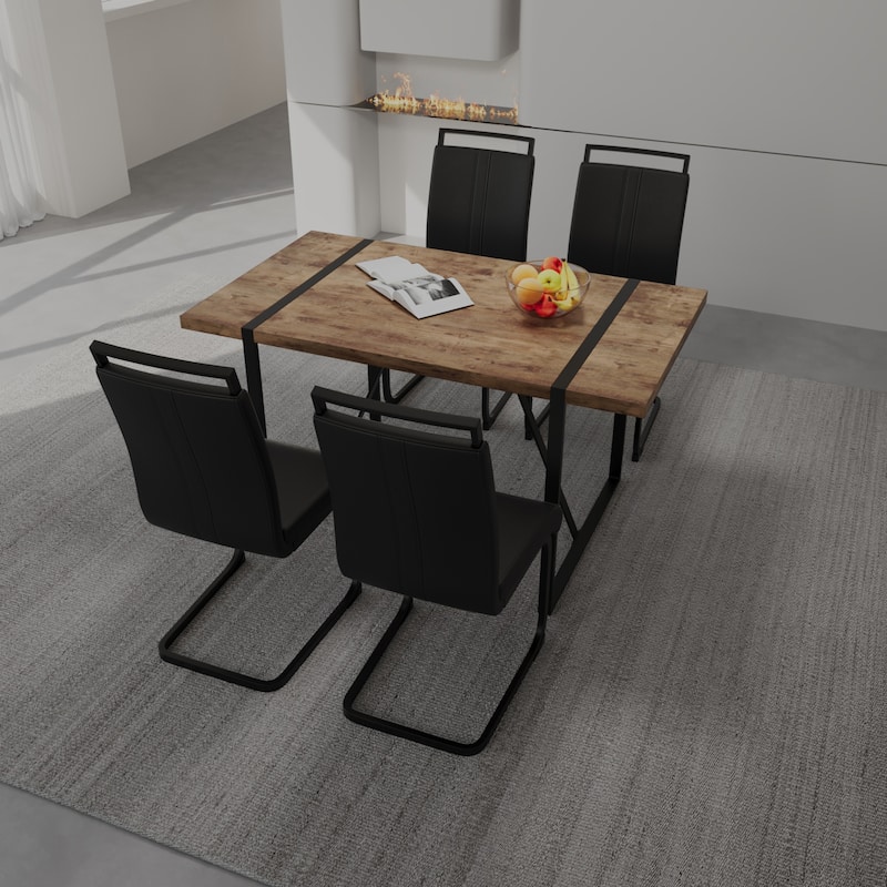 Modern 5-Piece Dining Set with Dark MDF Rectangular Table & 4 High Back Black Metal Legs Chairs