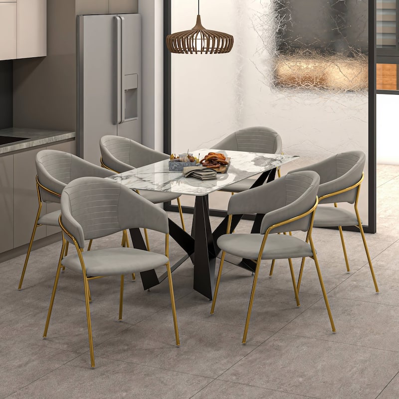 Bella Modern Glam Velvet/Leather Dining Chairs (Set of 4) Channel Tufted & Polished Gold Stainless-Steel Base