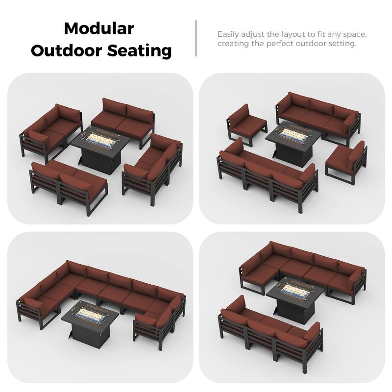 9-Piece Aluminum Outdoor Furniture Set With Fire Pit Table Propane/Natural Gas 60,000 BTU, Extra Large Aluminum Patio Sectional