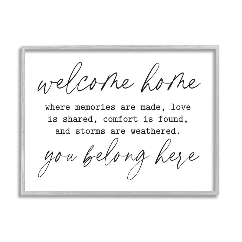 Stupell Welcome Home Belonging Family Quote Casual Script Framed Wall Art, Design by Lettered and Lined - White - 30 x 24 - Grey