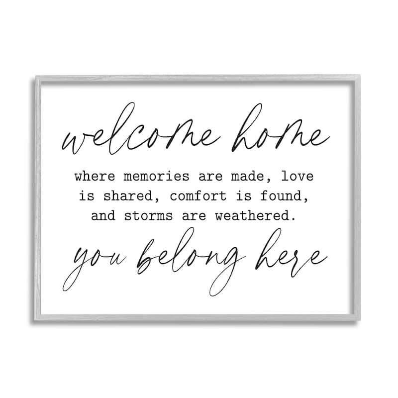 Stupell Welcome Home Belonging Family Quote Casual Script Framed Wall Art, Design by Lettered and Lined - White - 20 x 16 - Grey