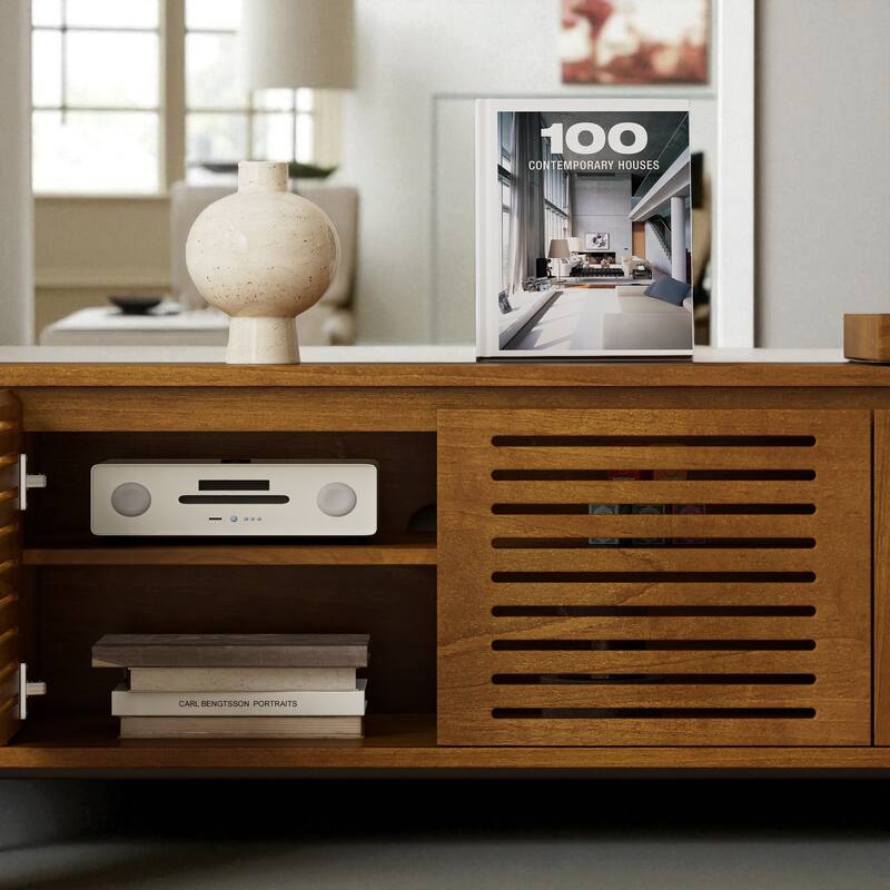 63" Mid-Century Modern Extendable TV Stand for 75 Inch TV, Wood Media Console with Storage & Adjustable Panel