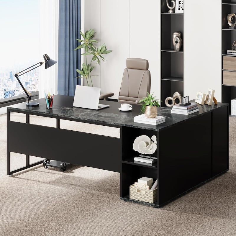 71" L-Shaped Executive Desk with Storage Cabinet & Shelves Black