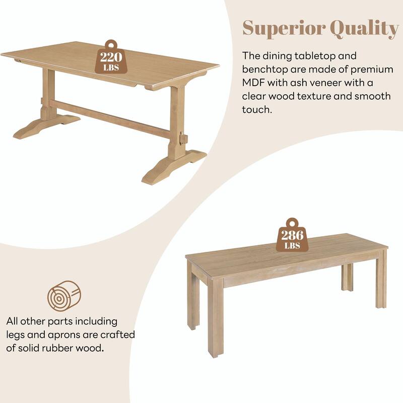 3-Piece Retro Dining Set - Rectangular Trestle Table with 2 Benches