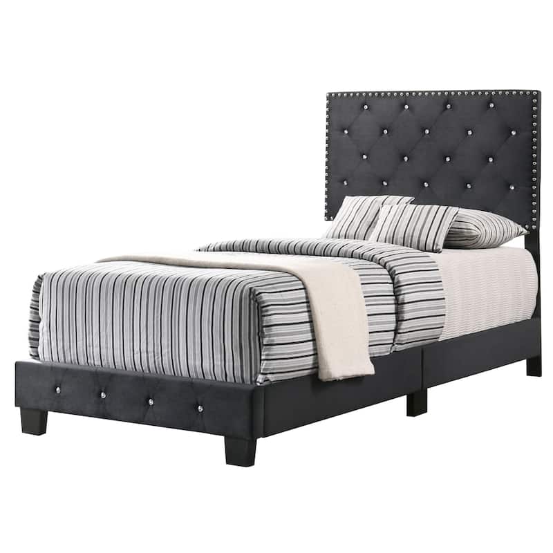 Suffolk Velvet Upholstered Jewel Accent Tufted Nailhead Panel Bed