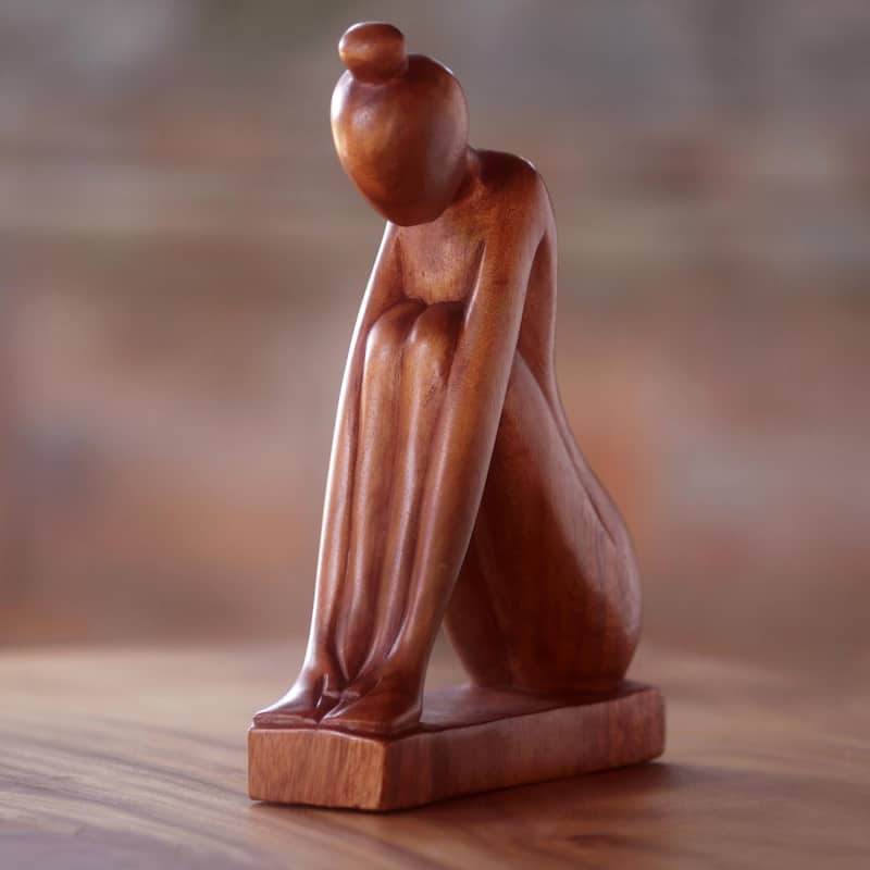 Handmade Shy Girl Wood sculpture (Indonesia) - 36 x 28 x 10