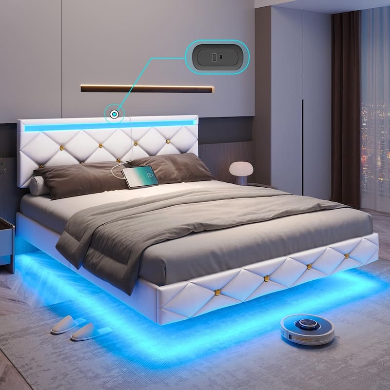 Floating Bed Frame LED Lights USB Ports Low Profile Faux Leather - White - Queen
