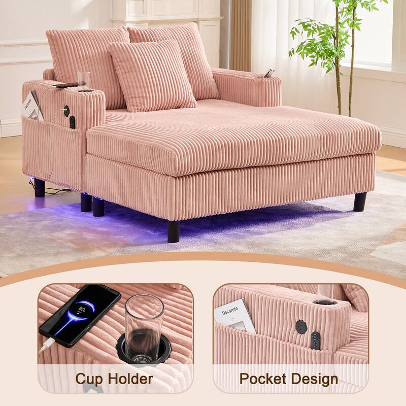 GDFStudio - Corduroy Recliner Sofa with USB Charging, RGB LED Light Strip - Suitable for Living Room and Bedroom