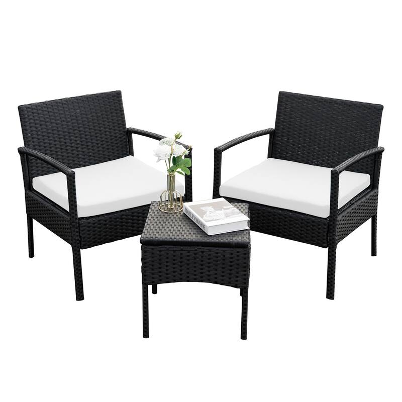 Outdoor Furniture 3 Piece Patio Bistro Furniture Set, Rattan Conversation Chairs Set with Side Table and Cushions