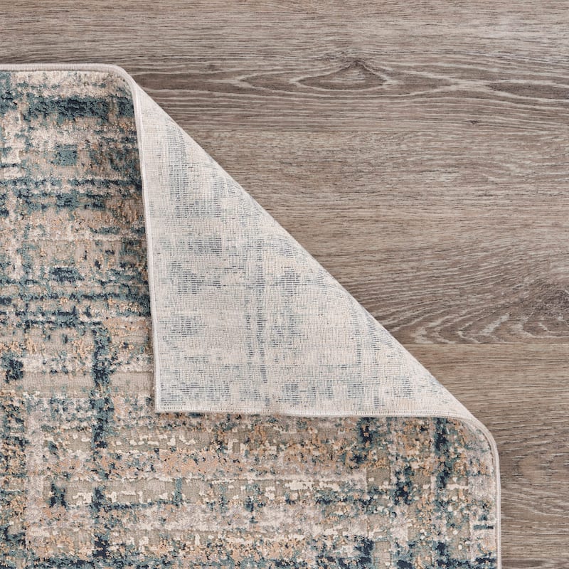 Sevita Carved Transitional Geometric Polyester Area Rug, Cream and Blue