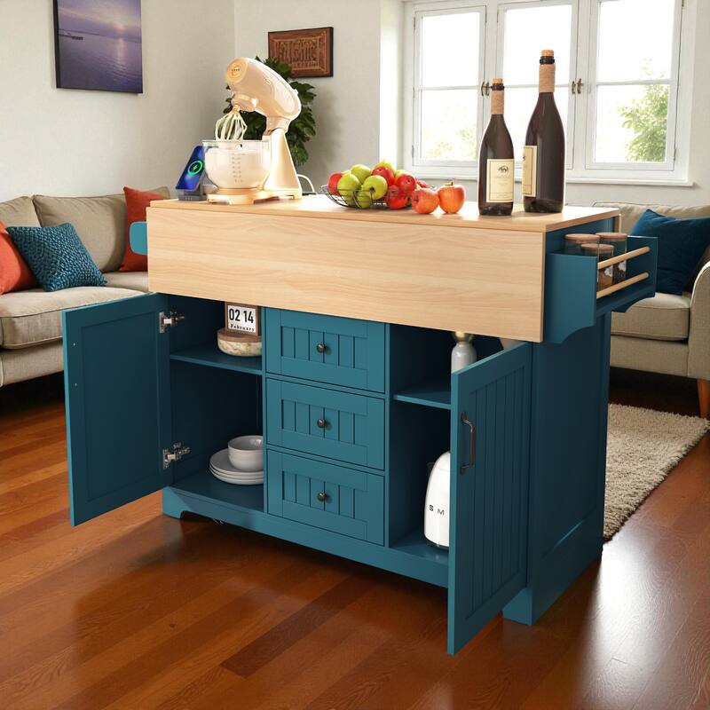 55.7" Large Kitchen Island with Dual Drop Leaf, Power Outlet, Rolling Kitchen Cart with Drawers & Storage Cabinet
