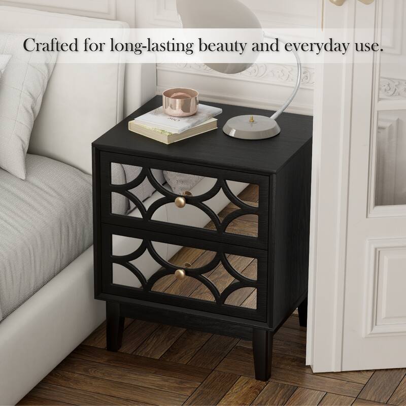 COZAYH Contemporary 2-Drawer Nightstand with Mirror Fronts, Elegant Geometric Design Bedside Table for Bedroom