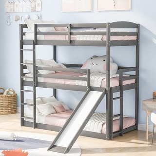 Twin Triple Floor Bunk Bed with Adjustable Slide & Ladder, Bedroom Wood ...