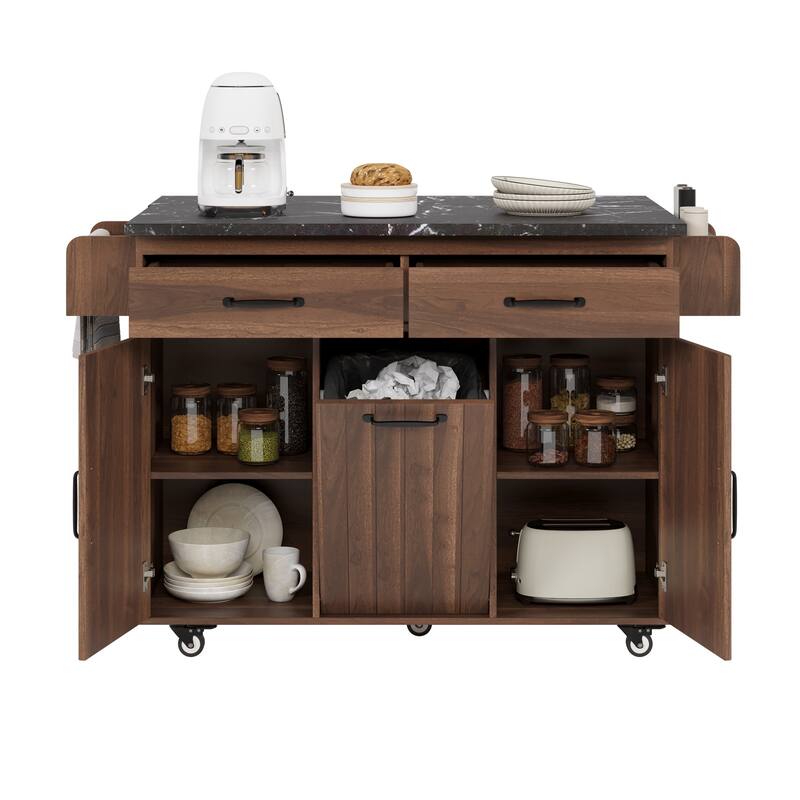 Kitchen Island w/Trash Storage, Drop Leaf, Spice & Towel Racks, Drawer, Adjustable Shelf & Wheels