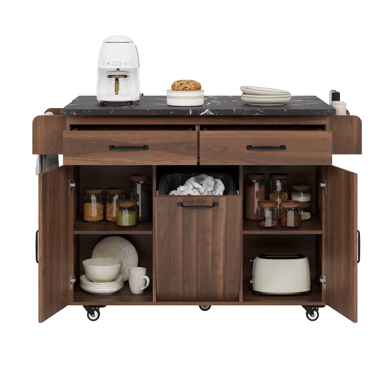 Rolling Kitchen Island with Trash Can Storage Cabinet, Kitchen Cart with Drop Leaf, Spice Rack, Towel Rack and Drawer
