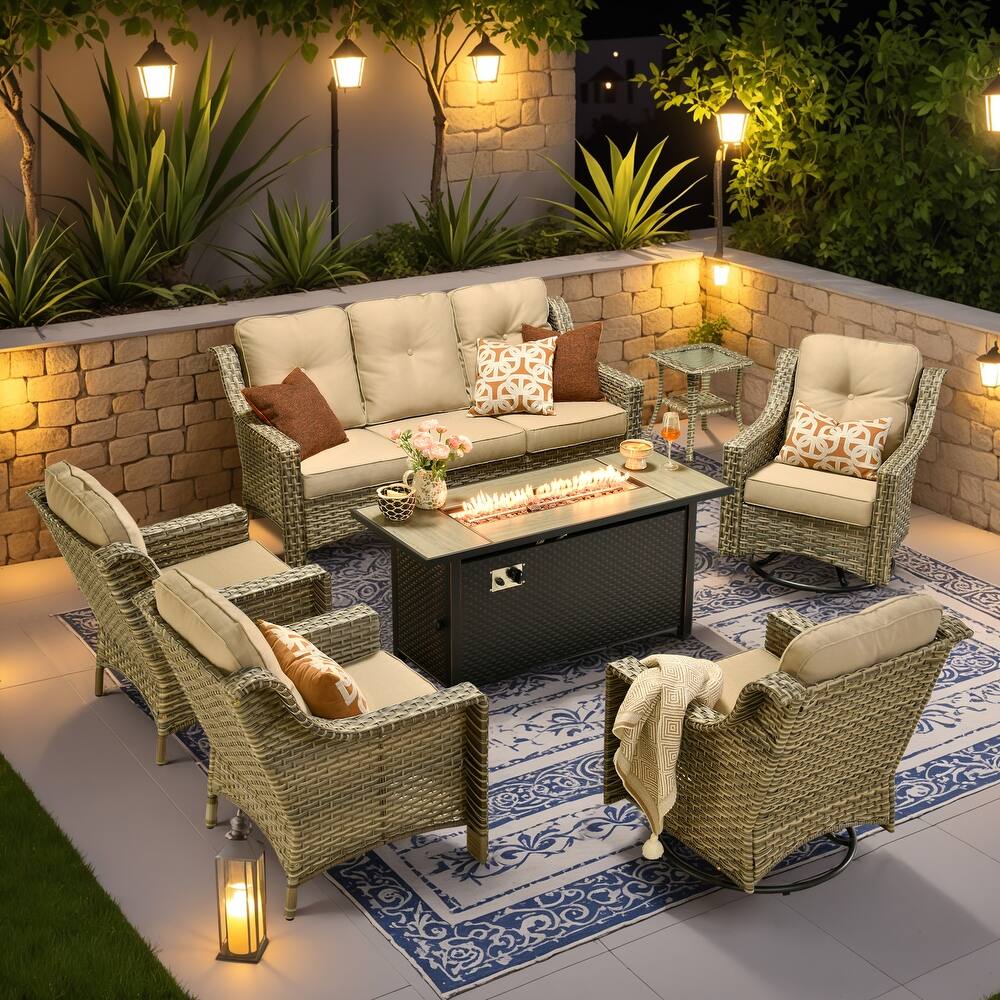 OVIOS 7-piece Patio Wicker Swivel Rocking Chair Set With Fire Pit