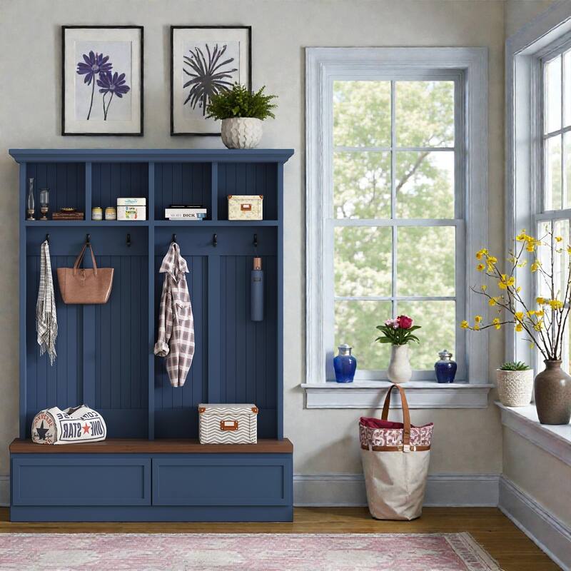 Farmhouse Entryway Hall Tree with Wood Bench, 2 Drawers, 6 Hooks and Open Shelves, Mudroom Organizer