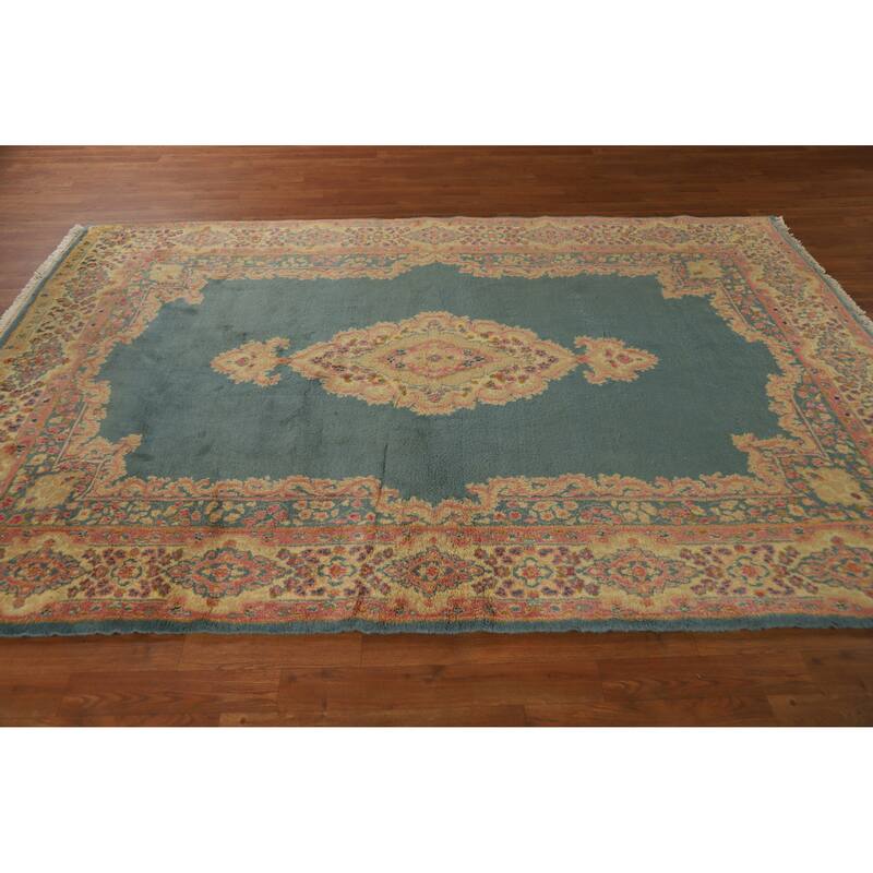 Hand Knotted Oriental 100% Wool Carpet Traditional Medallion Navy Blue & Blues Kerman Area Rug - 8' 9'' X 5' 10''