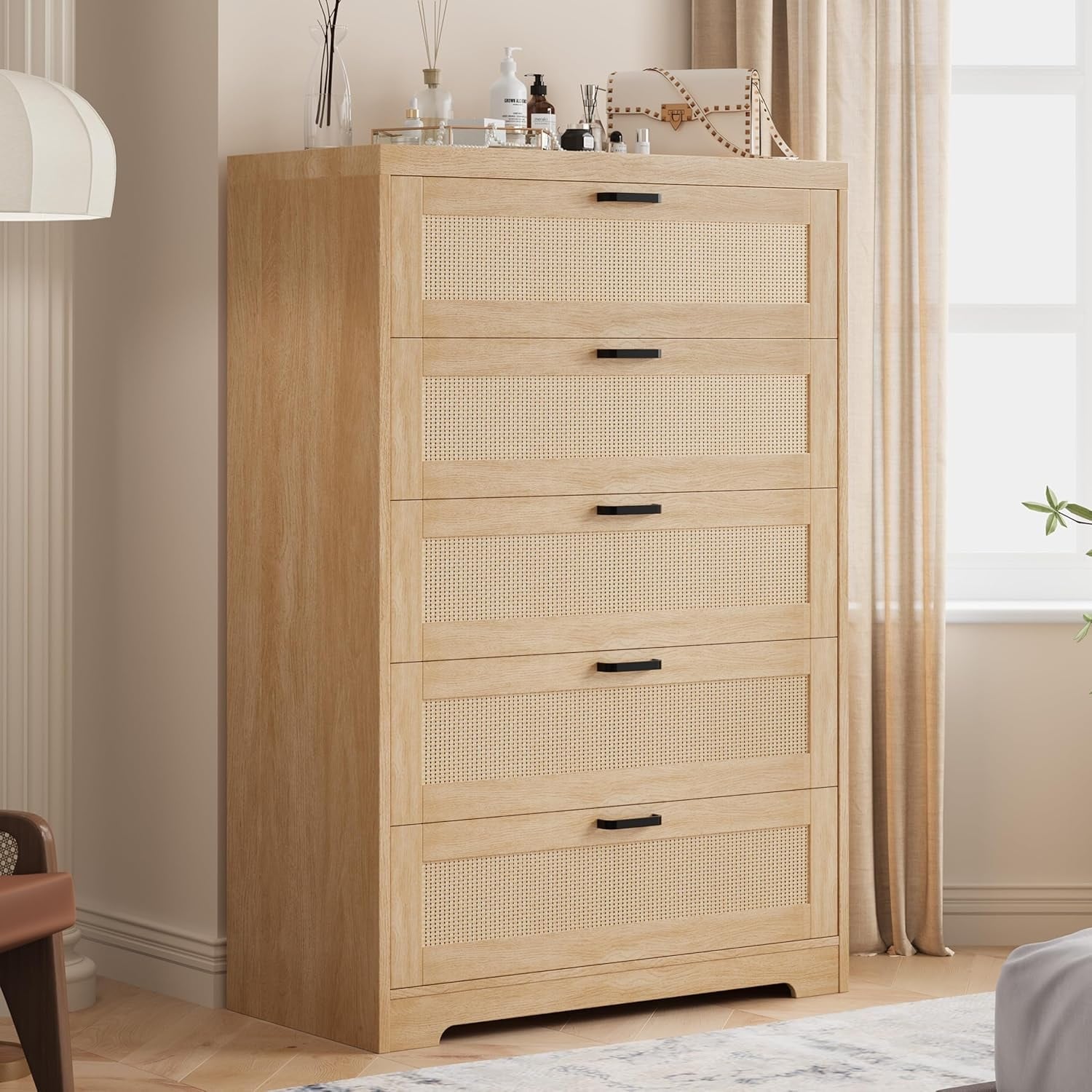 5 Drawer Rattan Dresser for Bedroom 47.27 Tall Dresser with Power Outlets Wood Dresser Chest