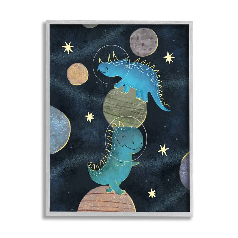 Stupell Galactic Dinosaur Astronauts Outer Space Planets Framed Wall Art - Blue