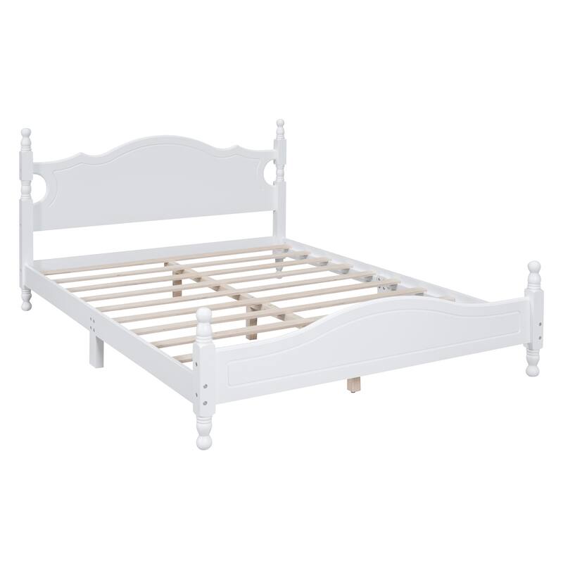 Queen Size Retro Wood Platform Bed Frame with Wooden Slat Support, White