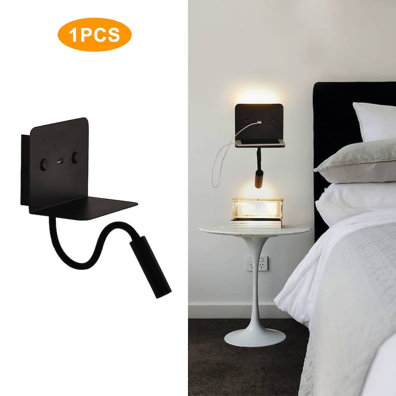 Modern Reading LED Wall Mount Lamp with USB Charging Port Bedside Night Light with Shelf and Swing Arm Gooseneck for Bedroom - Black