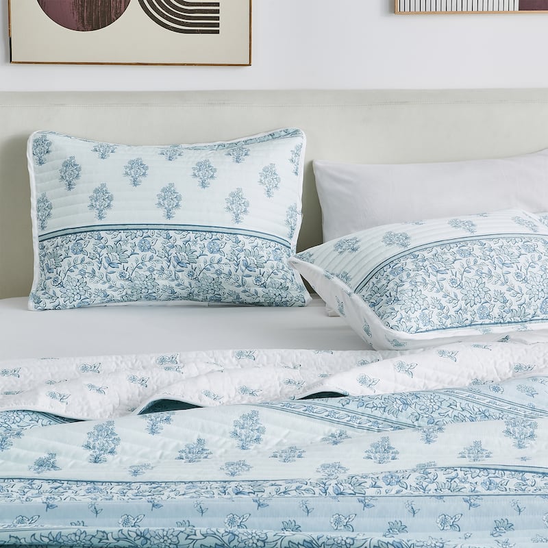 Linery & Co. Floral Stripe Printed Reversible Stitched Quilt Set with Shams