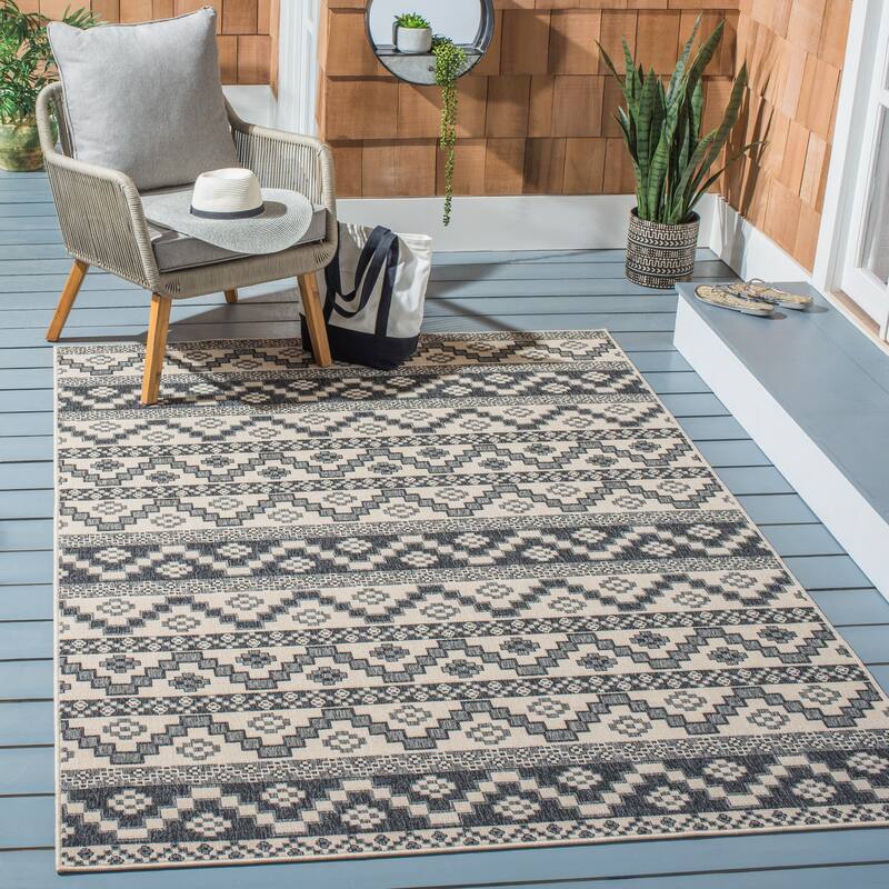 SAFAVIEH Veranda Rudy Indoor/ Outdoor Waterproof Patio Backyard Rug - 4' x 5'7" - Beige/Grey