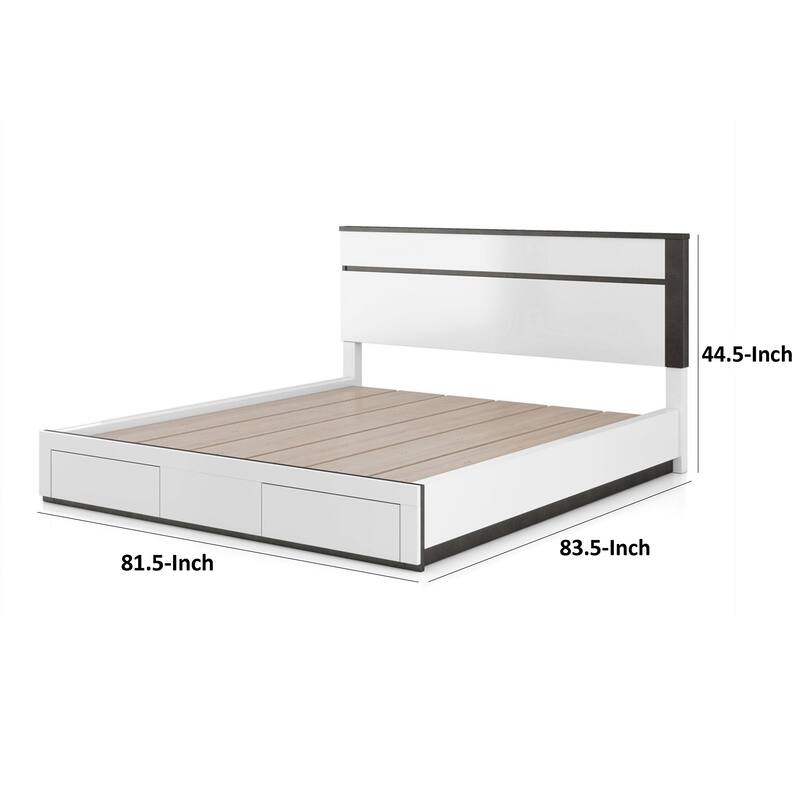Kena King Size Bed, White Gray Panel Headboard, Low Profile Footboard