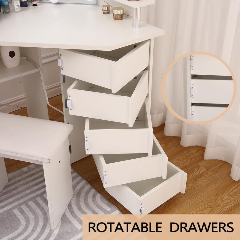 Makeup Vanity with Lights, Power Outlets, Tri-Fold Mirror, 5 Rotating Drawers, Stool