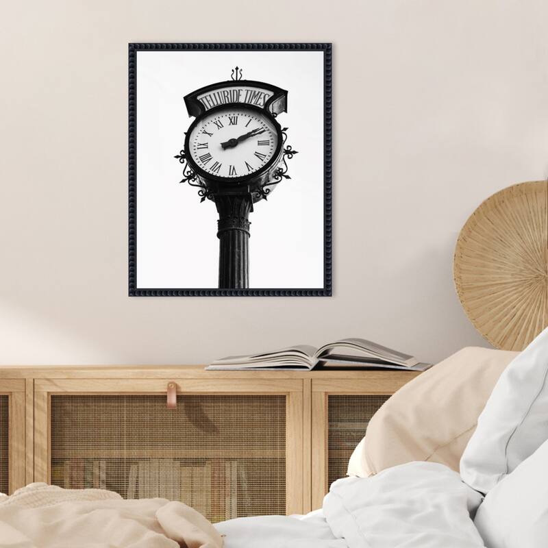 Vintage Street Clock with Marked Telluride Times by Del Mundo Imagery Framed Canvas Wall Art Print - Sylvie Beaded Black