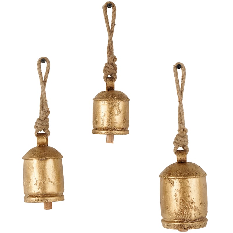 Metal Cluster Indoor Outdoor Decorative Cow Bells with Jute Hanging Rope - Set of 3 Black or Gold - Roche River Decor - Gold