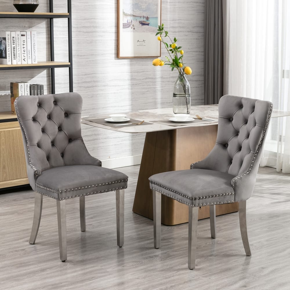 Modern Velvet Upholstered Kitchen Dining Chairs w/ Nailhead Trim, Set of 2