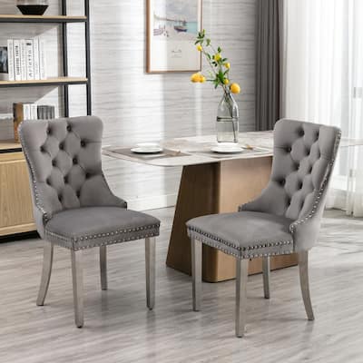Velvet Upholstered Dining Chair with Nailhead Trim and Stainless Steel Silver Plated Leg Set of 2