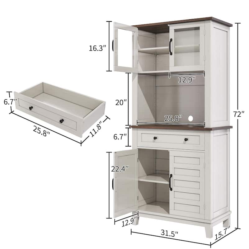 Kitchen Pantry, 72" Farmhouse Coffee Bar Table with Storage Drawers & Glass Doors