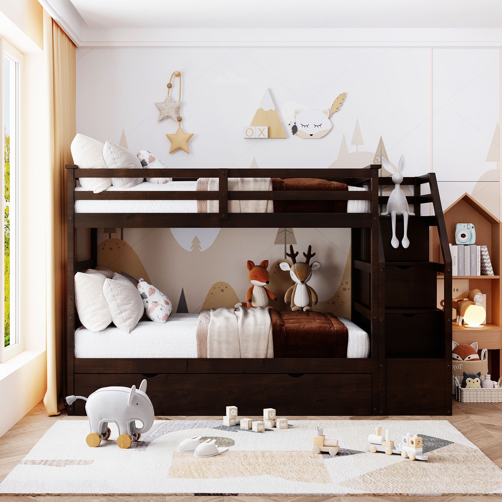 Twin-Over-Twin Wooden Bunk Bed with Twin Size Trundle and 3 Storage Steps, Full-Length Guardrail