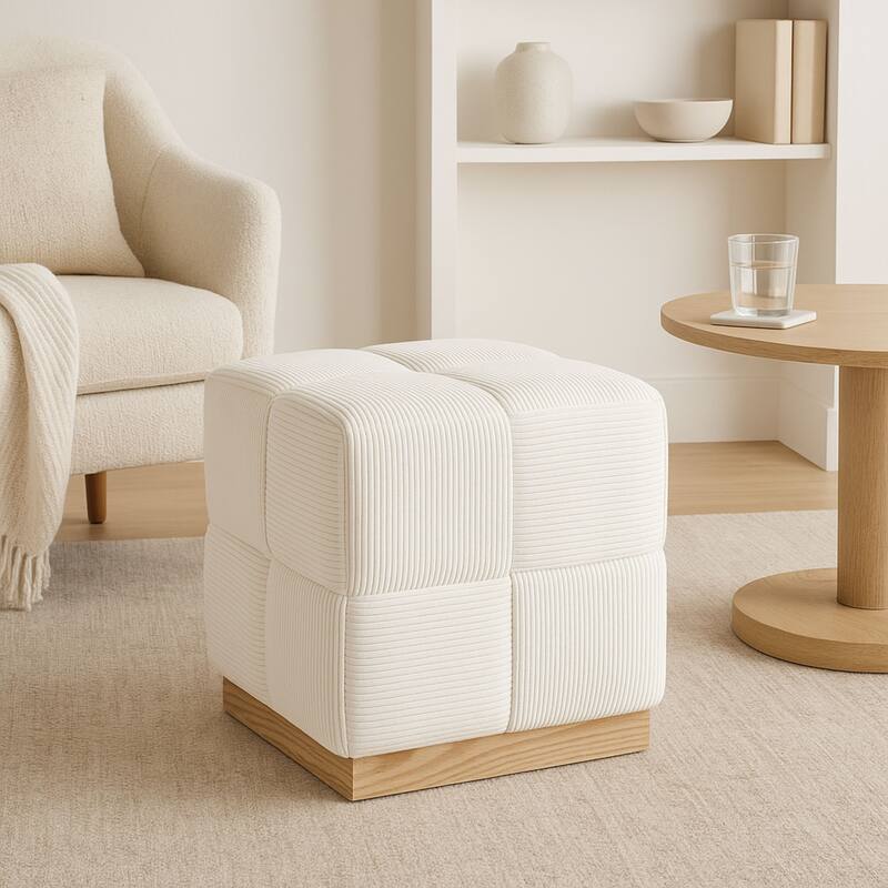 Esme Checker Weave Corduroy Accent Stool with Soft Fabric