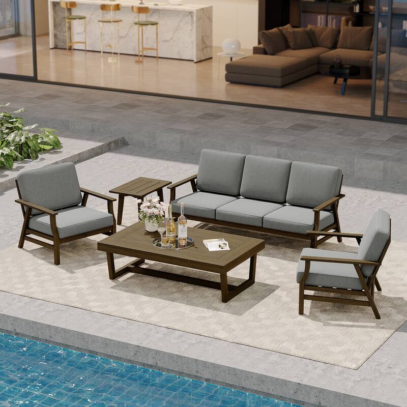 Modern Wood Cushioned Outdoor Patio Sofa Loveseat with Coffee Table - Sofa Set - Grey