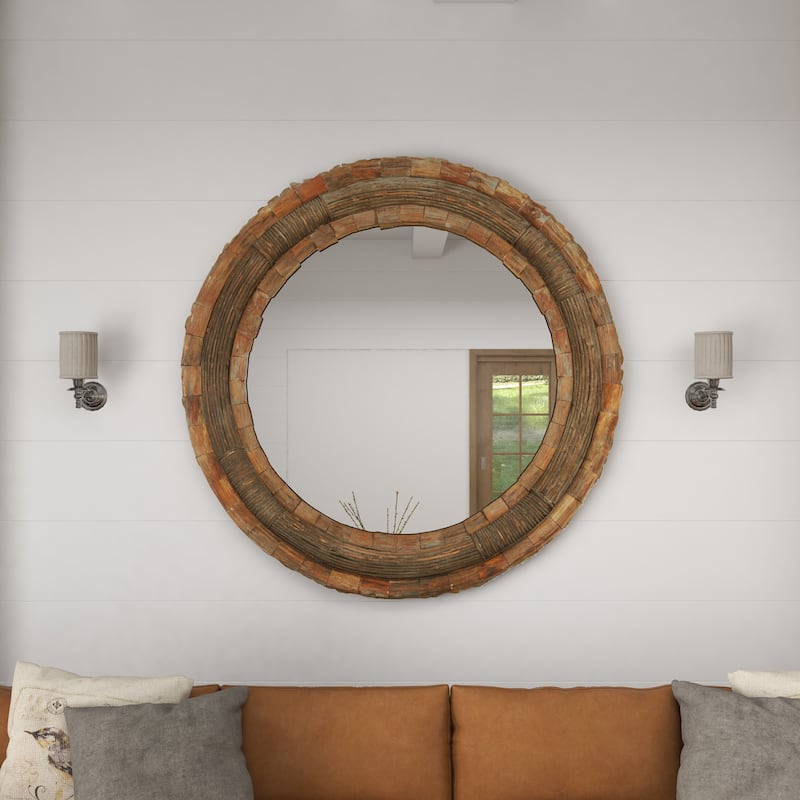 Brown Wood Large Room Wall Mirror with Layered Wood Chip and Stick Design