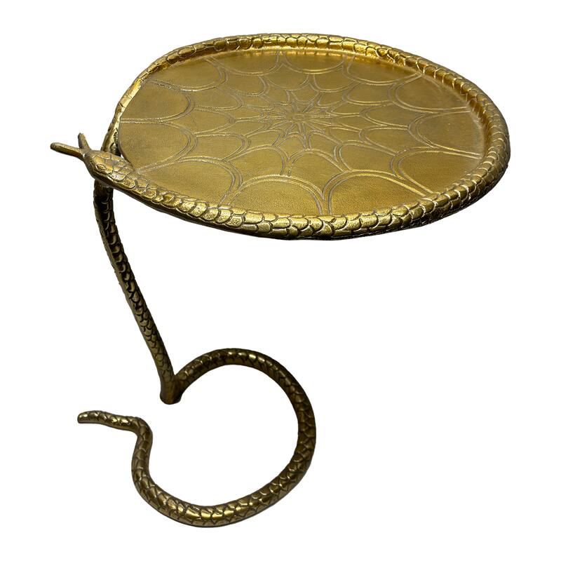 22 Inch Side End Table, Handcrafted Textured Snake Skin Pattern Base, Brass Aluminum